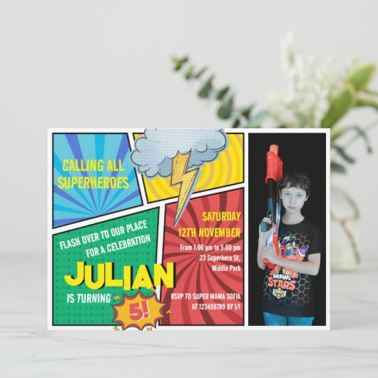 すべてのスーパーヒーロー漫画ブックを呼び出す5誕生日 招待状 (スタンド正面)