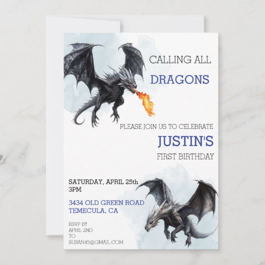 すべてのドラゴンの呼び出し誕生日水色 招待状 (正面)