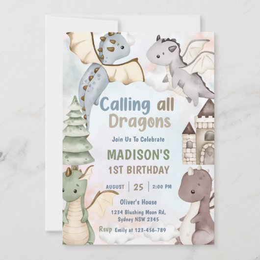 すべてのドラゴンズ水の色を呼び出す最初の誕生日 招待状 (正面)
