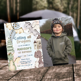 すべてのドラゴンズ水彩呼び出し1st誕生日の写真 招待状