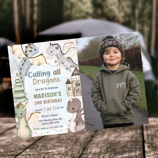 すべてのドラゴンズ水彩第2バースデーフォトを呼び出し 招待状