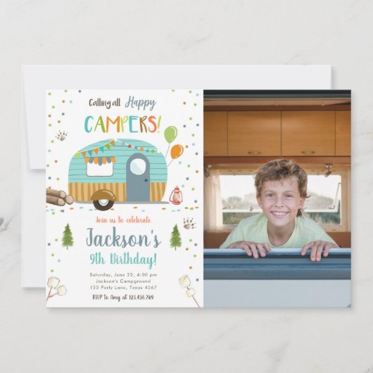 すべてのハッピーキャンパーズキャンピングボーイ誕生日Inv 招待状 (正面)
