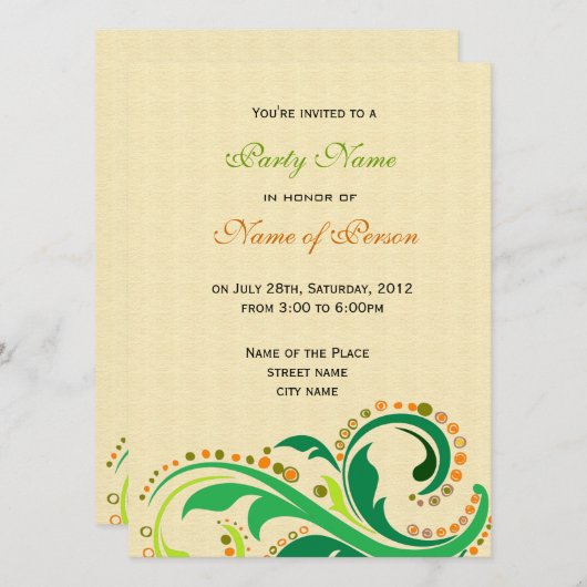 すべてのパーティーの招待状に、花柄の渦巻き模様 招待状 (正面/裏面)