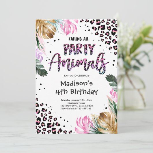 すべてのパーティーアニマルサファリヒョウ誕生日 招待状 (スタンド正面)