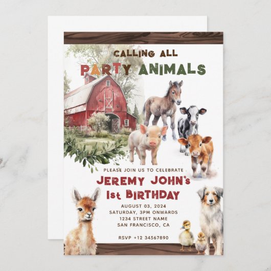 すべてのパーティーファーム動物の呼び出し誕生日 招待状 (正面/裏面)