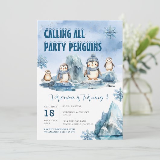 すべてのパーティーペンギン北極動物を呼び出す誕生日 招待状 (スタンド正面)