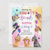 すべてのパーティーポーティ動物の犬の女の子誕生日 招待状 (正面)