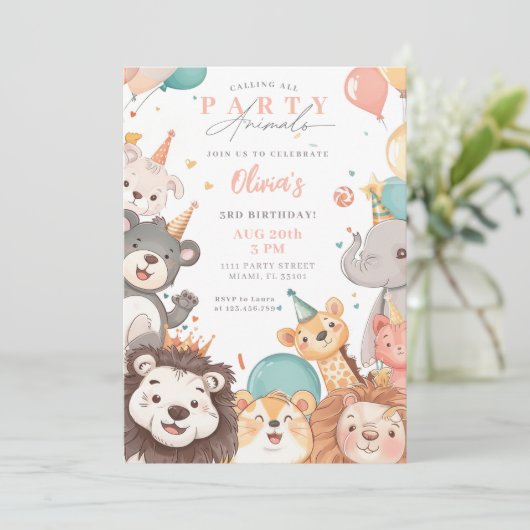 すべてのパーティー動物の呼び出しサーカスフォト誕生日 招待状 (スタンド正面)