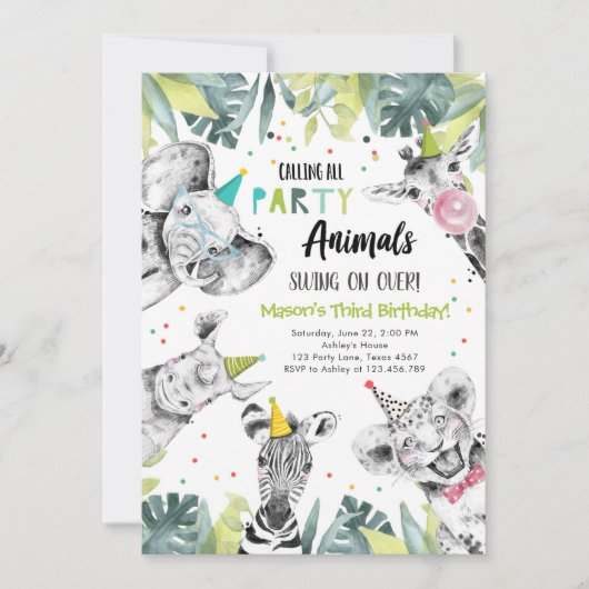 すべてのパーティー動物の呼び出しボーイサファリ誕生日Inv 招待状 (正面)