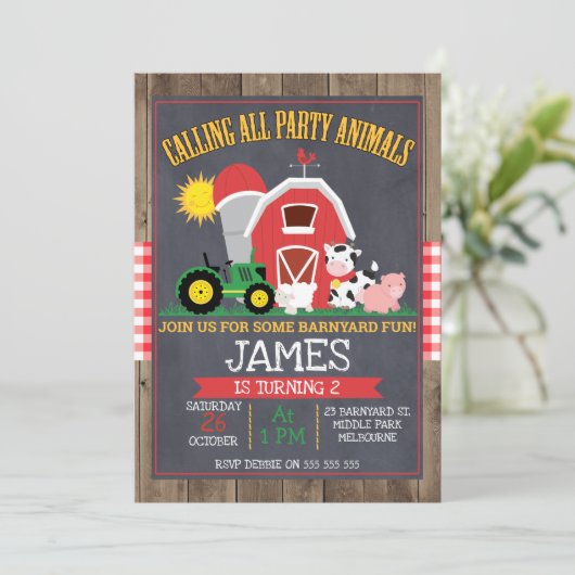 すべてのパーティー動物の呼び出し納屋周囲の庭誕生日 招待状 (スタンド正面)