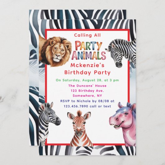 すべてのパーティー動物の子供の誕生日パーティーを呼ぶ 招待状 (正面/裏面)