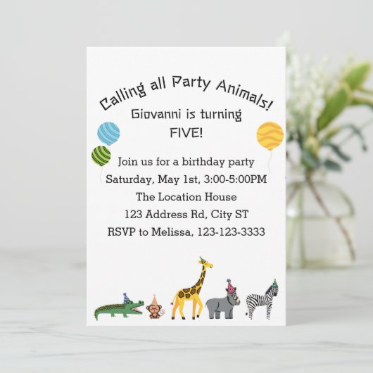 すべてのパーティー動物をカスタマイズ可能誕生日 招待状 (スタンド正面)
