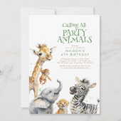 すべてのパーティー動物を呼び出すかわいいサファリ誕生日 招待状 (正面)