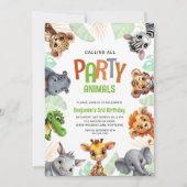 すべてのパーティー動物を呼び出すかわいいジャングル誕生日 招待状 (正面)