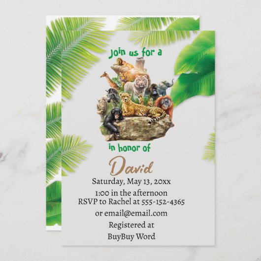 すべてのパーティー動物を呼び出すサファリ動物園誕生日インビ 招待状 (正面/裏面)