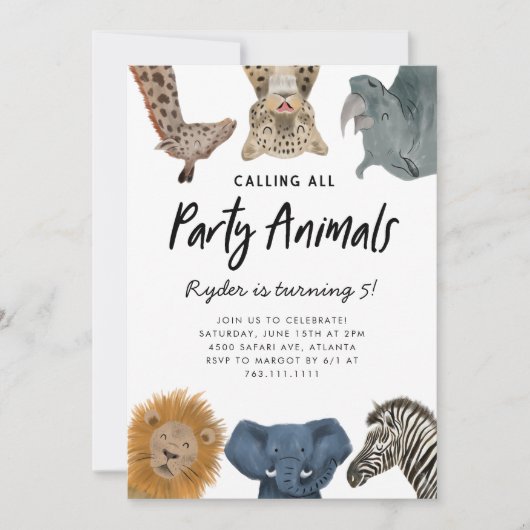 すべてのパーティー動物を呼び出すサファリ誕生日 招待状 (正面)