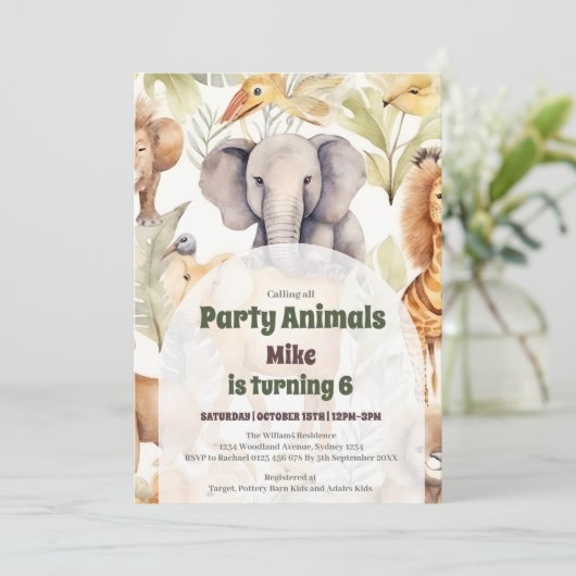 すべてのパーティー動物を呼び出すサファリ誕生日 招待状 (スタンド正面)