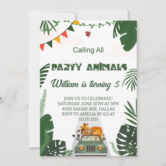 すべてのパーティー動物を呼び出すサファリ誕生日 招待状 (正面)