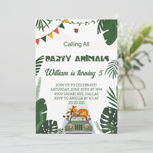 すべてのパーティー動物を呼び出すサファリ誕生日 招待状 (スタンド正面)
