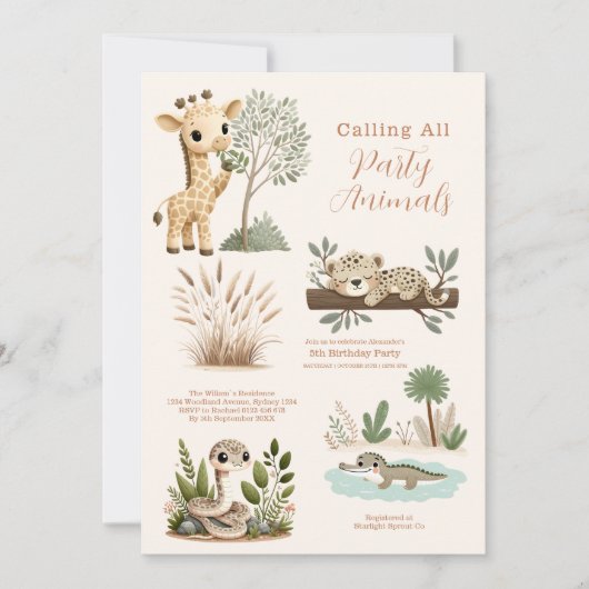 すべてのパーティー動物を呼び出すサファリ誕生日 招待状 (正面)