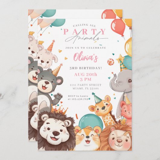すべてのパーティー動物を呼び出すサーカス動物誕生日 招待状 (正面/裏面)