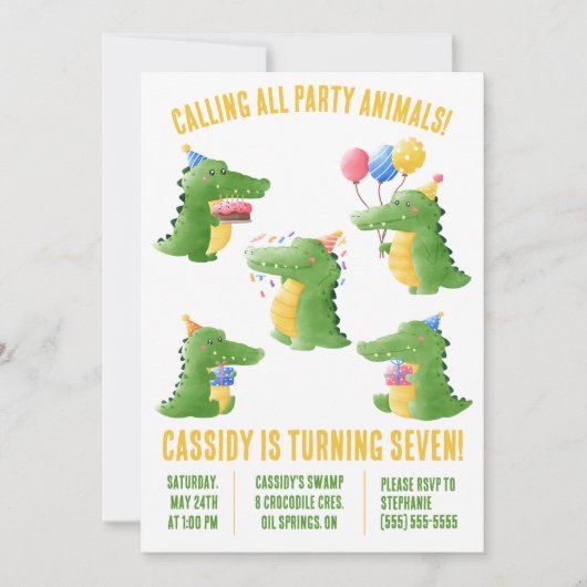 すべてのパーティー動物を呼び出すワニ誕生日パーティー 招待状 (正面)