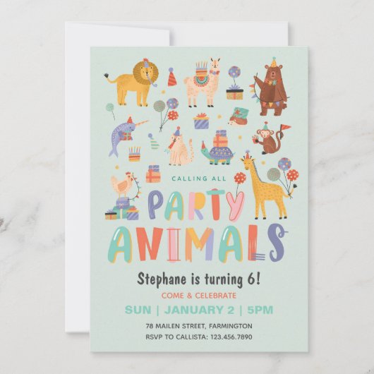 すべてのパーティー動物を呼び出す可愛いおもしろい誕生日子 招待状 (正面)