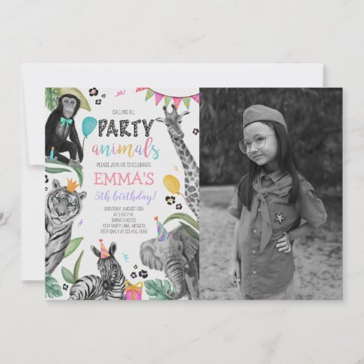 すべてのパーティー動物を呼び出す誕生日写真 招待状 (正面)