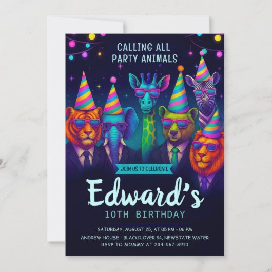 すべてのパーティー動物を呼び出す – ファンシー動物誕生日 招待状 (正面)