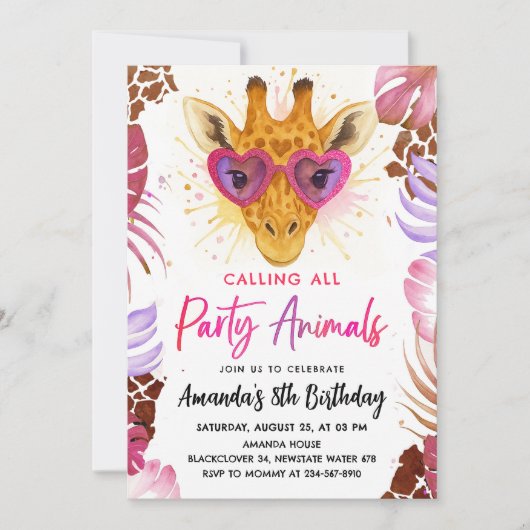 すべてのパーティー動物を呼び出す – Giraffe誕生日 招待状 (正面)