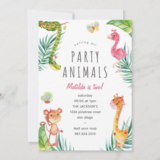 すべてのパーティー動物を呼び出すLかわいい水彩動物園 招待状 (正面)