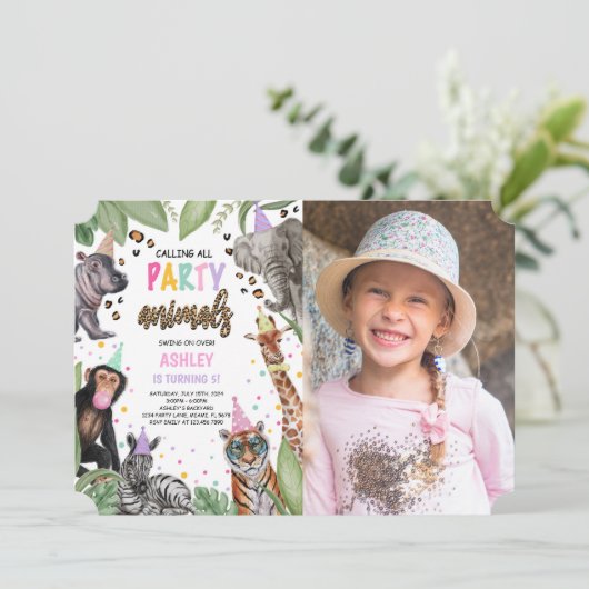 すべてのパーティー動物を呼び出すSafari誕生日写真 招待状 (スタンド正面)