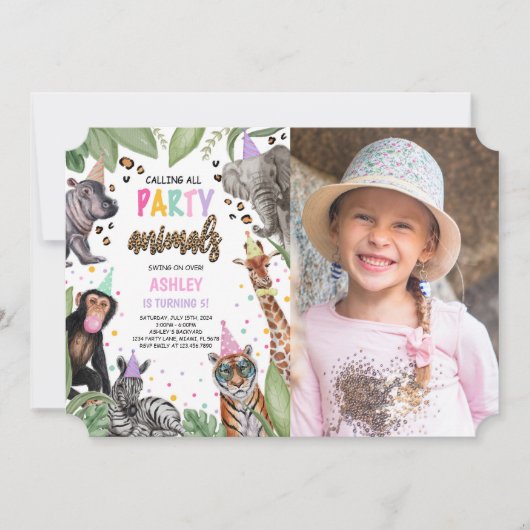 すべてのパーティー動物を呼び出すSafari誕生日写真 招待状 (正面)