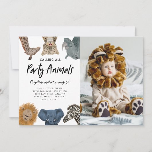 すべてのパーティー動物を呼び出すSafari誕生日写真 招待状 (正面)