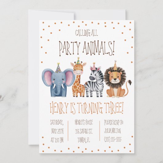 すべてのパーティー動物を呼ぶ！テーマ別の誕生日パーティー 招待状 (正面)