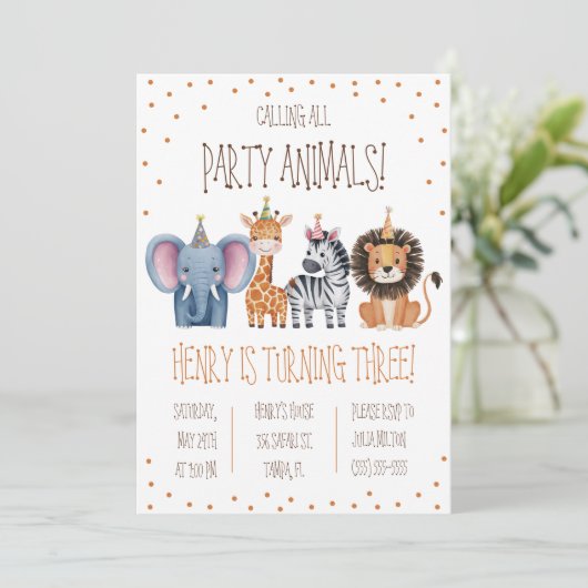すべてのパーティー動物を呼ぶ！テーマ別の誕生日パーティー 招待状 (スタンド正面)