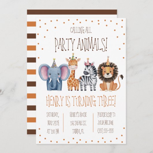 すべてのパーティー動物を呼ぶ!テーマ別の誕生日パーティー 招待状 (正面/裏面)