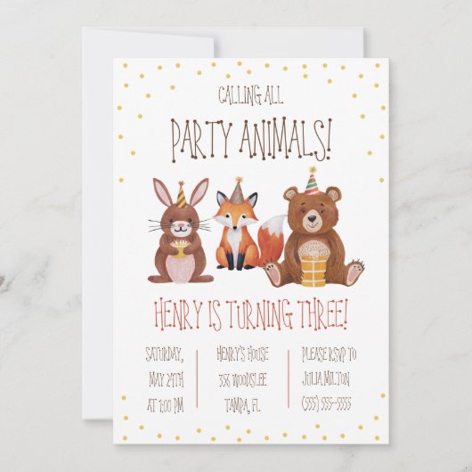 すべてのパーティー動物を呼ぶ!テーマ別の誕生日パーティー 招待状 (正面)