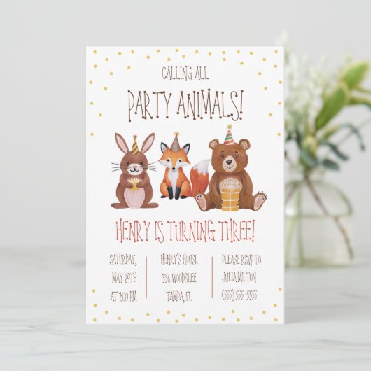 すべてのパーティー動物を呼ぶ！テーマ別の誕生日パーティー 招待状 (スタンド正面)