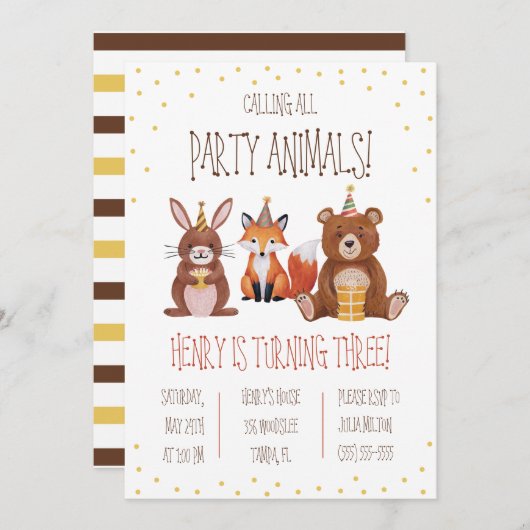すべてのパーティー動物を呼ぶ!テーマ別の誕生日パーティー 招待状 (正面/裏面)