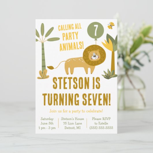 すべてのパーティー動物を呼ぶ！ライオンサファリ誕生日 招待状 (スタンド正面)