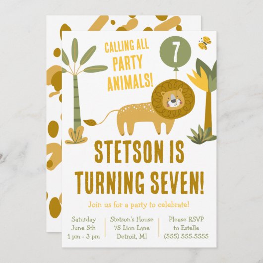 すべてのパーティー動物を呼ぶ！ライオンサファリ誕生日 招待状 (正面/裏面)