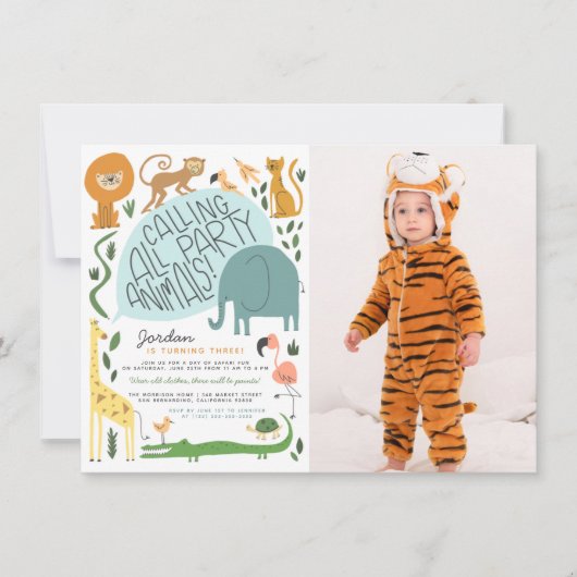 すべてのパーティー動物を呼ぶ！ |写真モダン誕生日 招待状 (正面)