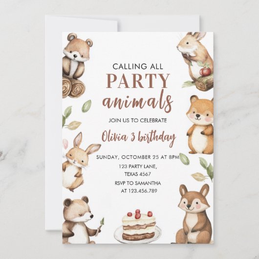 すべてのパーティー動物ウッドランド誕生日 招待状 (正面)