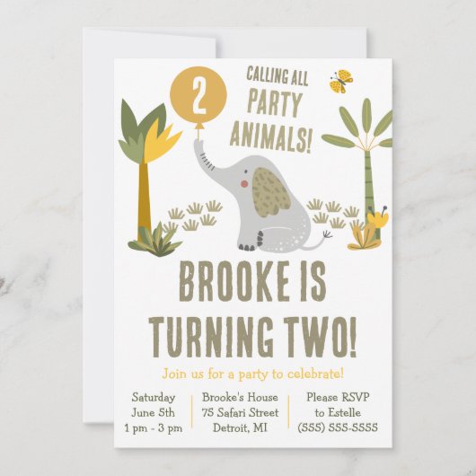すべてのパーティー動物エレファントサファリ誕生日 招待状 (正面)