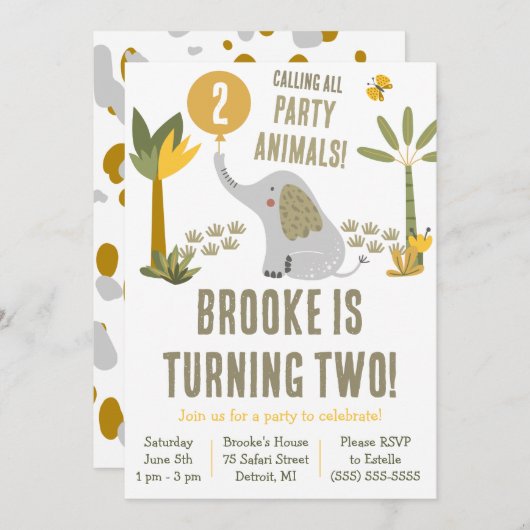 すべてのパーティー動物エレファントサファリ誕生日 招待状 (正面/裏面)