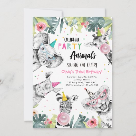 すべてのパーティー動物ガールサファリ誕生日 招待状 (正面)
