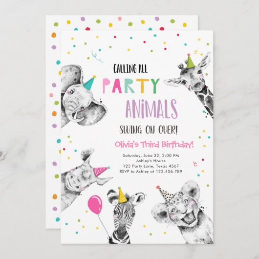 すべてのパーティー動物ガールサファリ誕生日Invに電話 招待状 (正面/裏面)