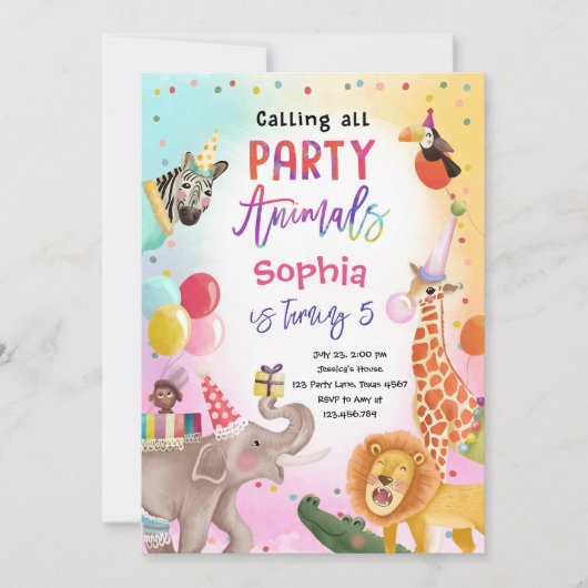 すべてのパーティー動物サファリジャングル誕生日 招待状 (正面)
