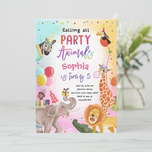 すべてのパーティー動物サファリジャングル誕生日 招待状 (スタンド正面)